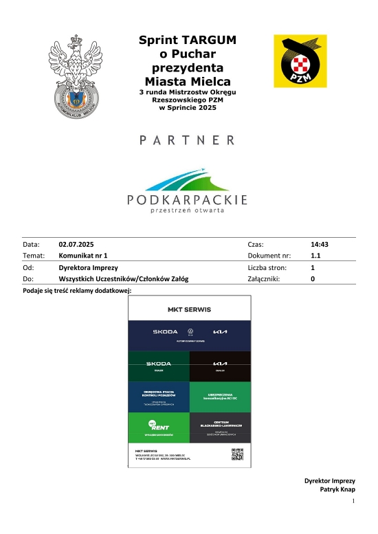 Komunikat Dyrektora Sprintu TARGUM