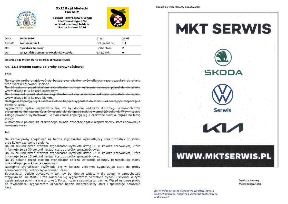 Uwaga Komunikat Dyrektora XXII Rajd Mielecki TARGUM