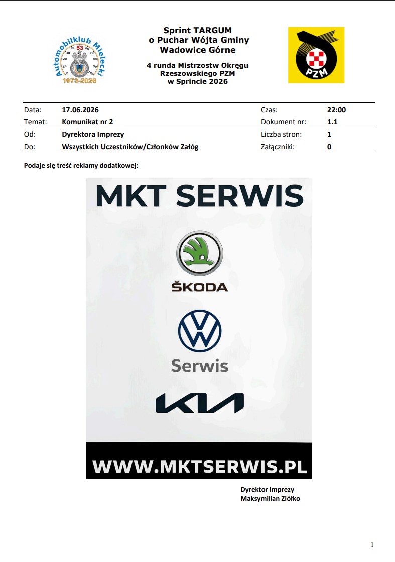 Sprint TARGUM o Puchar Wójta Gminy Wadowice Górne - Komunikat Dyrektora Imprezy nr. 2