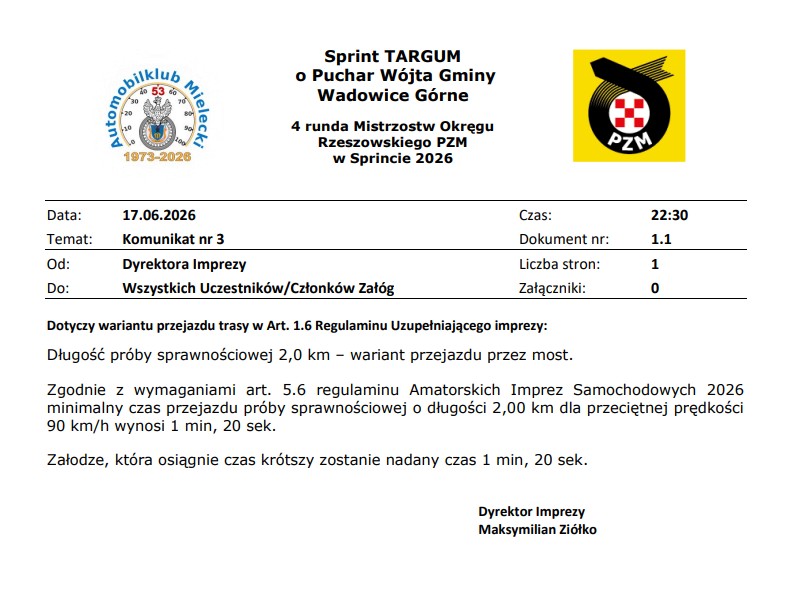 ALT Sprint TARGUM o Puchar Wójta Gminy Wadowice Górne - Komunikat Dyrektora Imprezy nr. 3